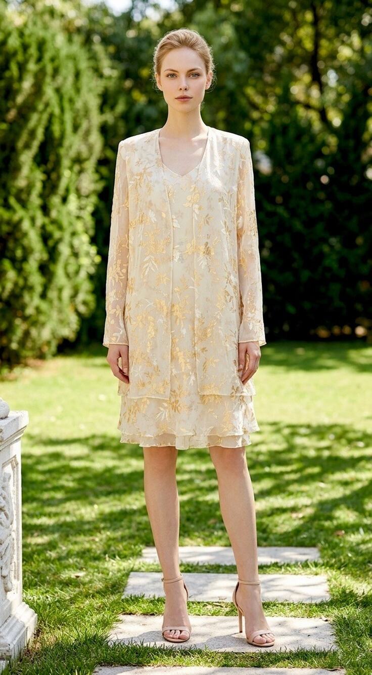 Jones New York Size 8 Leaf Print Burnout Silk Rayon Attached Jacket Dress Cream